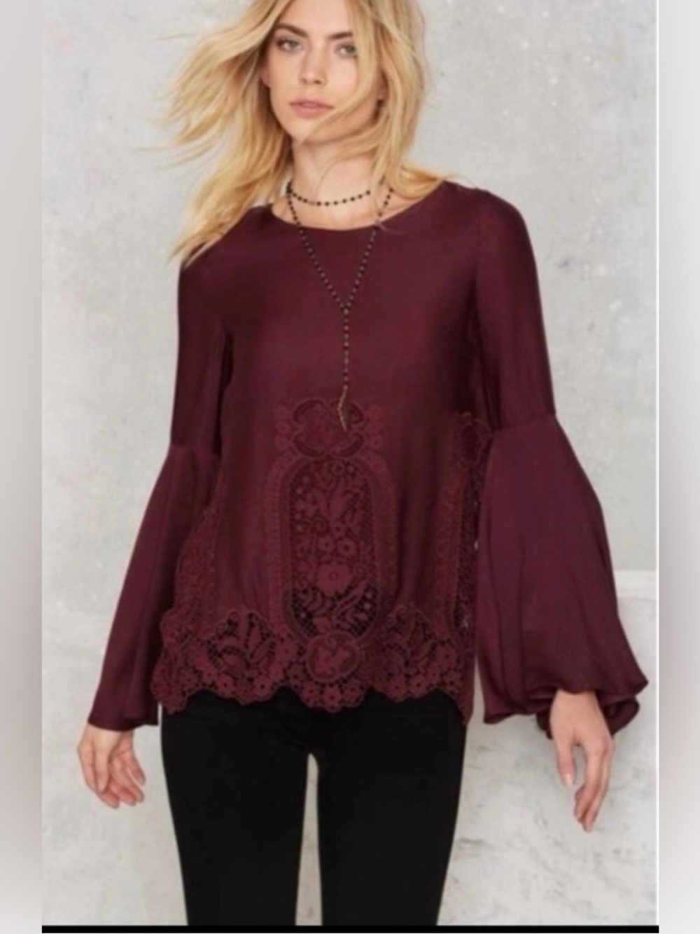 The Jetset Diaries Verona Size M Plum Crochet Bell Sleeve Blouse